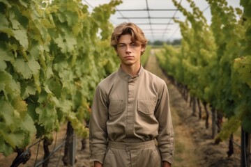 Wall Mural - Environmental portrait photography of a glad mature boy wearing a chic jumpsuit against a picturesque vineyard background. With generative AI technology