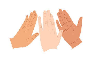three people hand doing high five gesture together. modern hands cartoon illustration of business pa
