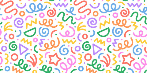 Fun colorful line doodle seamless pattern. Creative minimalist style art background for children or trendy design with basic shapes. Simple party confetti texture, childish scribble shape backdrop.