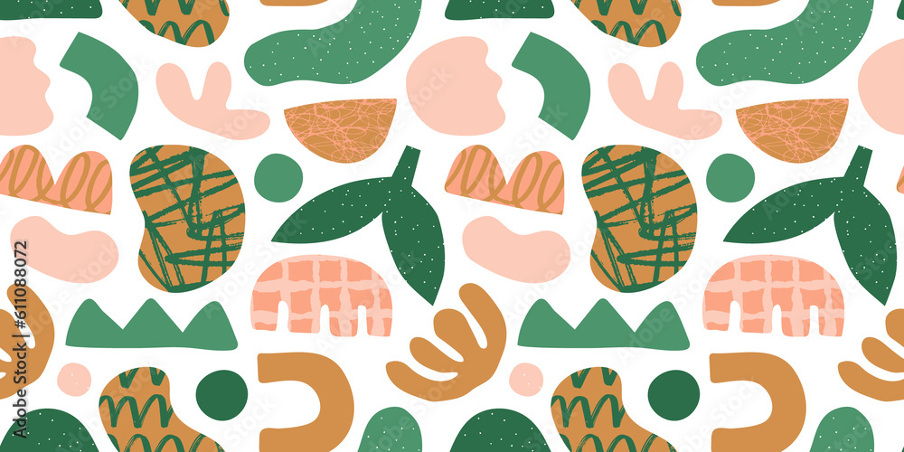 Abstract plant leaf art seamless pattern with green freehand doodle ...