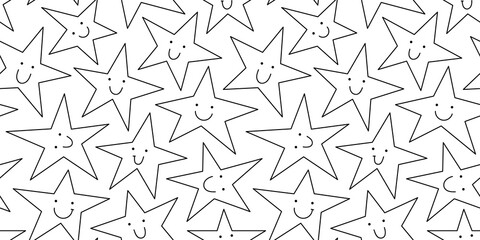 Wall Mural - black and white star line doodle seamless pattern illustration with funny smiling face. celebration 