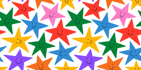 Wall Mural - colorful rainbow star seamless pattern illustration with funny smiling face. diverse celebration bac