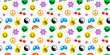 © Dedraw Studio - Colorful retro y2k icon seamless pattern illustration with happy faces. Vintage pastel color flower cartoon symbol background in psychedelic style.