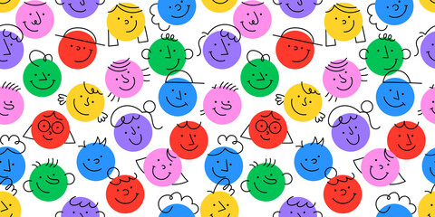 Wall Mural - diverse colorful people face seamless pattern. modern young character group background. different mu