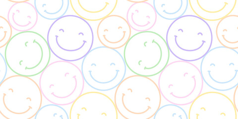 Leinwandbilder - Colorful y2k smiling face cartoon doodle seamless pattern. Funny retro smile faces background illustration. Vintage character wallpaper, fun pastel color  print.