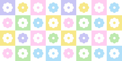 Wall Mural - Trendy floral seamless pattern illustration. Vintage 70s style hippie flower background design. Geometric pastel color checkered artwork, y2k nature backdrop with daisy flowers.	