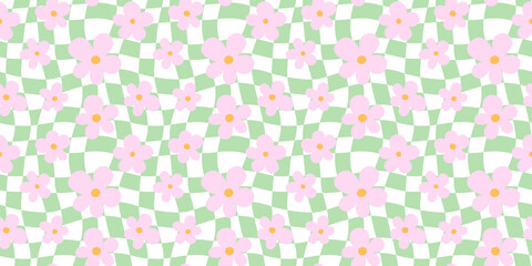 Trendy floral seamless pattern illustration. Vintage 70s style hippie flower background design. Geometric pastel color checkered artwork, y2k nature backdrop with daisy flowers.	