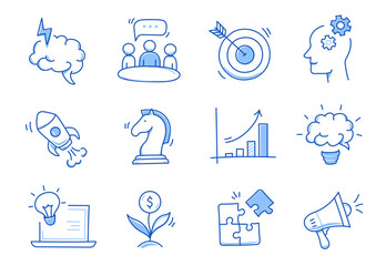 Wall Mural - Business idea, startup doodle line icon set. Hand drawn doodle sketch line style business strategy, finance goal concept. Rocket, target, brain cute element. Vector illustration