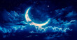 the moon and crescent are featured in the sky with clouds, generative ai