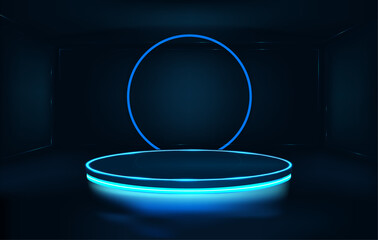 Wall Mural - futuristic room with circle neon podium and a round neon lamp. 3d space with empty stage. dark futur