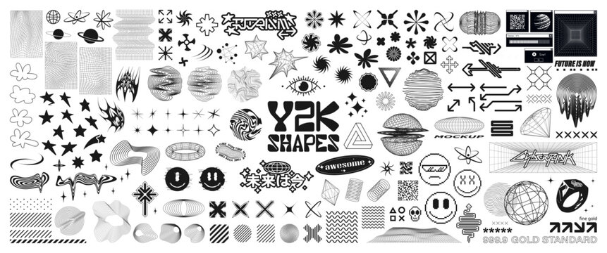 Wall Mural -  - Y2k, Rave, Retrofuturistic concept elements with glitch and liquid effect. Acid Y2K geometric shapes, vaporwave elements from 90s, 80s, 00. Translation of Japanese - future is now. Vector graphic
