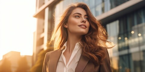 happy wealthy rich successful businesswoman standing in big city modern skyscrapers street on sunset