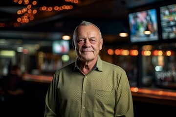 Sticker - Environmental portrait photography of a glad mature man wearing an elegant long-sleeve shirt against a lively sports bar background. With generative AI technology