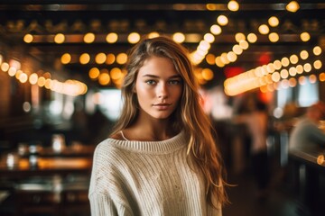 Wall Mural - Lifestyle portrait photography of a glad kid female wearing a cozy sweater against a lively concert venue background. With generative AI technology