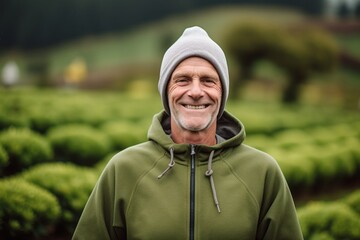 Wall Mural - Environmental portrait photography of a happy mature man wearing a comfortable hoodie against a serene tea garden background. With generative AI technology