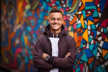 Wall Mural - Lifestyle portrait photography of a satisfied mature boy wearing a comfortable hoodie against a vibrant street mural background. With generative AI technology