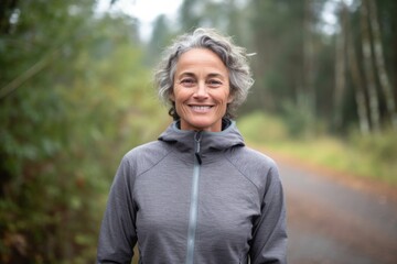 Wall Mural - Medium shot portrait photography of a happy mature girl wearing a sporty full tracksuit against a serene nature trail background. With generative AI technology