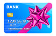 Blue credit card with pink bow on ribbon, transparent background