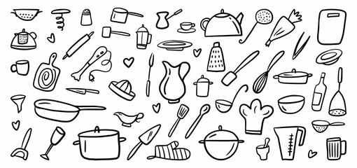 Illustration of a collection of kitchen utensils, hand-drawn in the style of a doodle