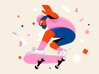 Flat vector illustration of a man riding a skateboard. Illustration for landing page and websites