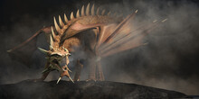 In This Fantasy Scene, A Winged Copper Dragon Perches On A Rock In The Fog. A Type Of Metallic Dragon, And Though Looking Fearsome, This Beast Is Considered To Be A Good Aligned Dragon. 3D Rendering
