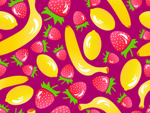 Seamless Pattern With Strawberries, Lemons And Bananas In 3d Style. Summer Fruit Mix With Lemon, Strawberry And Banana. Design For Printing On Paper And Fabric, Banner And Poster. Vector Illustration