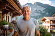 © Markus Schröder - Medium shot portrait photography of a glad mature man wearing a casual t-shirt against a picturesque mountain chalet background. With generative AI technology