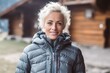 © Markus Schröder - Medium shot portrait photography of a grinning mature girl wearing a lightweight windbreaker against a picturesque mountain chalet background. With generative AI technology