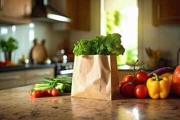 Wall Mural - Fresh vegetables in an ecological bag on the table, generative  ai