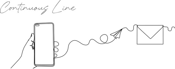 continuous line illustration of cell phone sending message