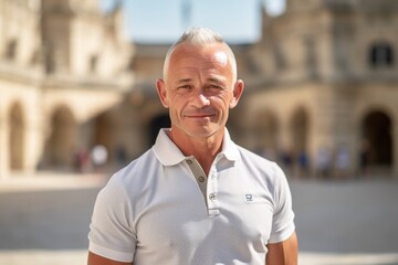 Wall Mural - Lifestyle portrait photography of a tender mature man wearing a sporty polo shirt against a historic museum background. With generative AI technology