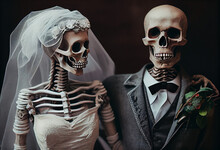 Two Skeletons, Bride And Groom, Wedding Day. AI Generated.