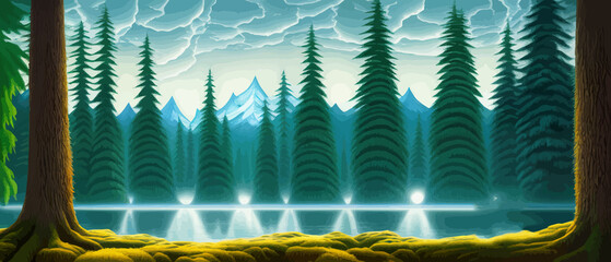 Wall Mural - Landscape in scandinavian arctic forest, pine trees and snowy sunset, matte painting vector illustration