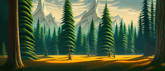 Wall Mural - Landscape in scandinavian arctic forest, pine trees and snowy sunset, matte painting vector illustration