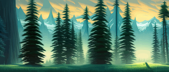 Wall Mural - Landscape in scandinavian arctic forest, pine trees and snowy sunset, matte painting vector illustration