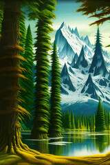 Wall Mural - Landscape in scandinavian arctic forest, pine trees and snowy sunset, matte painting vector illustration