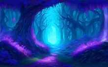 Fantasy And Fairytale Magical Forest With Purple And Cyan Light Lighting Pathway. Digital Painting Landscape