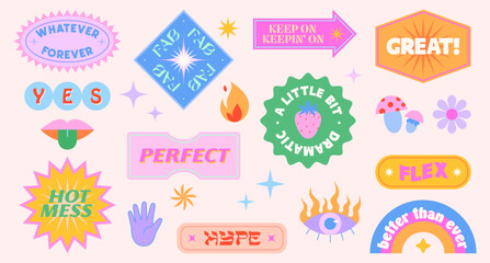 Wall Mural - vector set of cute funny patches and stickers in 90s style.modern icons or symbols in y2k aesthetic 