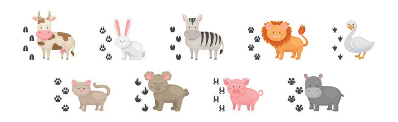Wall Mural - funny animals and their footprints nearby vector set