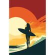 A female surfer glides on a wave, her hair flowing in the wind, as the sun sets over the beach
