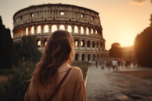 Travel, Vacation, Romance Concept. Young Couple Traveling And Walking In Rome, Italy. Colosseum In Background. Man And Woman View From Behind. Sunset Summer Background. Generative AI