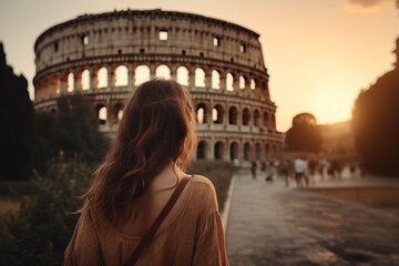 travel, vacation, romance concept. young couple traveling and walking in rome, italy. colosseum in b