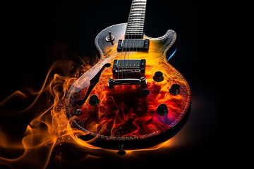 Rock guitar engulfed in fire flames. Ai generated