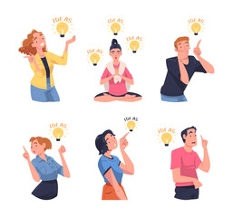 Sticker - Man and Woman with Glowing Light Bulb Having Idea Vector Illustration Set