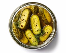 Close Up Pickled Spicy Cucumbers In Jars On White Background. Preservations Season. AI Generated