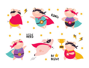 Canvas Print - Pink Pig Superhero Character in Eye Mask and Cloak Having Super Power Vector Illustration Set