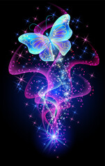 Wall Mural - Fantastic butterfly and magical curving transparent waves with glowing stars on night dark background