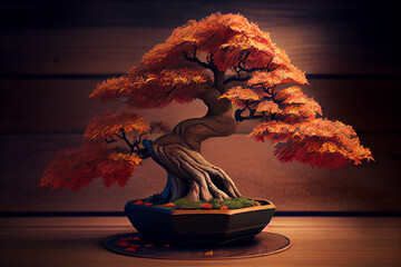 Japanese red bonsai tree art display on the black wooden table with grey wall decoration in luxury hotel room Generative AI