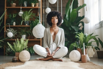 young black woman sitting on the floor and meditating in a beautiful room in her home