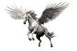 a majestic Pegasus, White horse with wings, flying, Mythology-themed, photorealistic illustrations in a PNG, cutout, and isolated. Generative AI